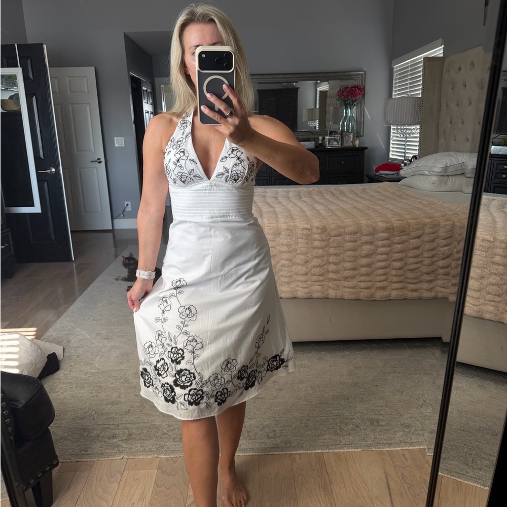 White House Black Market White Dress with Black Floral Accents
